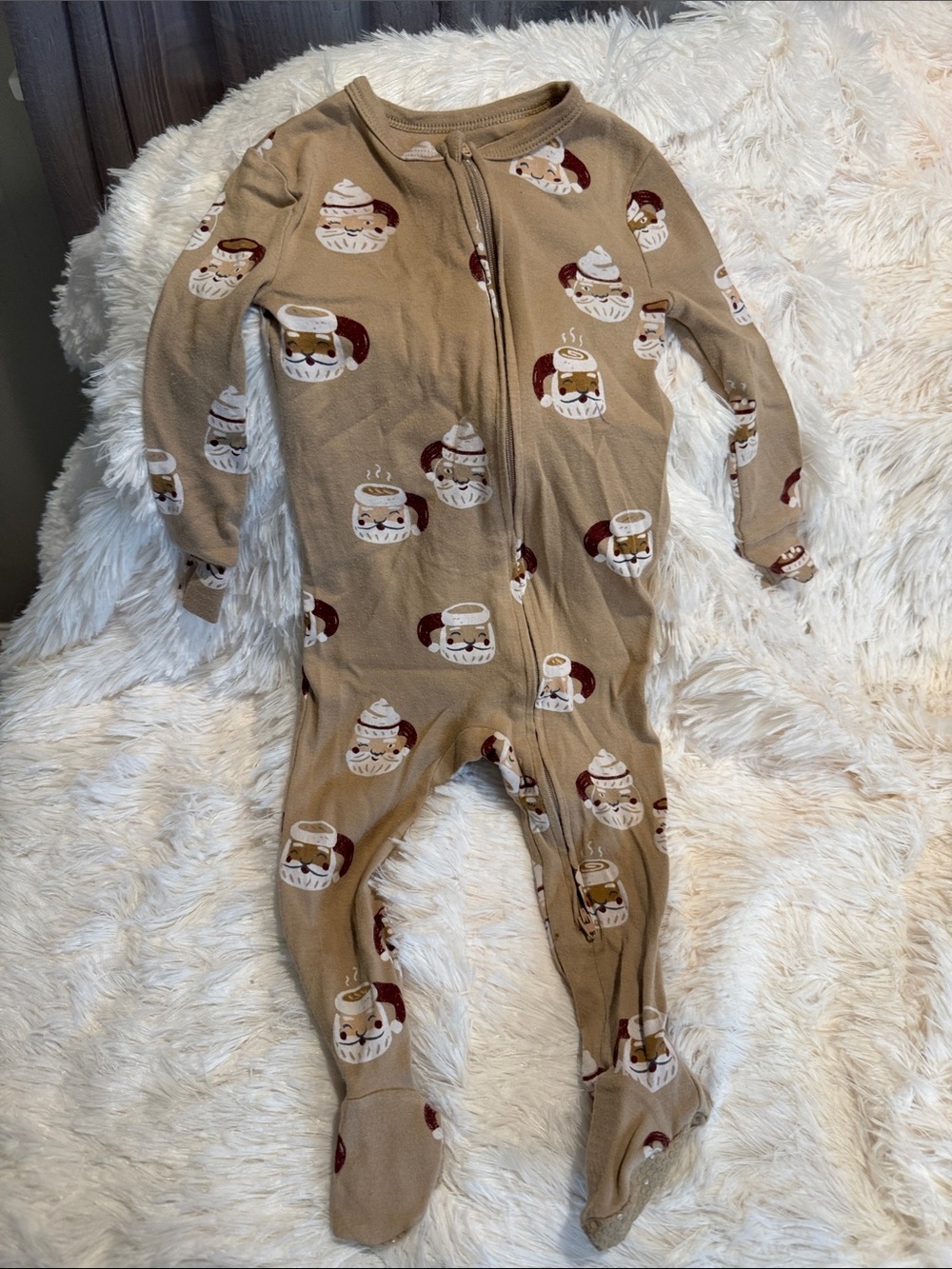LC Lauren Conrad Beige Footed One-Piece with Hot Cocoa and Marshmallow Print